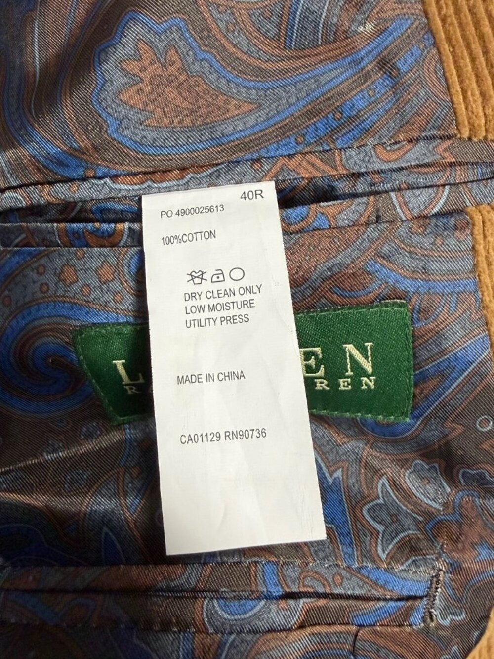 RALPH LAUREN Men’s 2 Button 40R CORDUROY Blazer Leather Buttons Tan Paisley - Picture 8 of 9